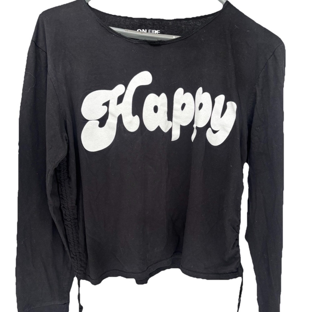 ON FIRE Happy Graphic Drawstring Long Sleeve Cotton Black White Top 2X